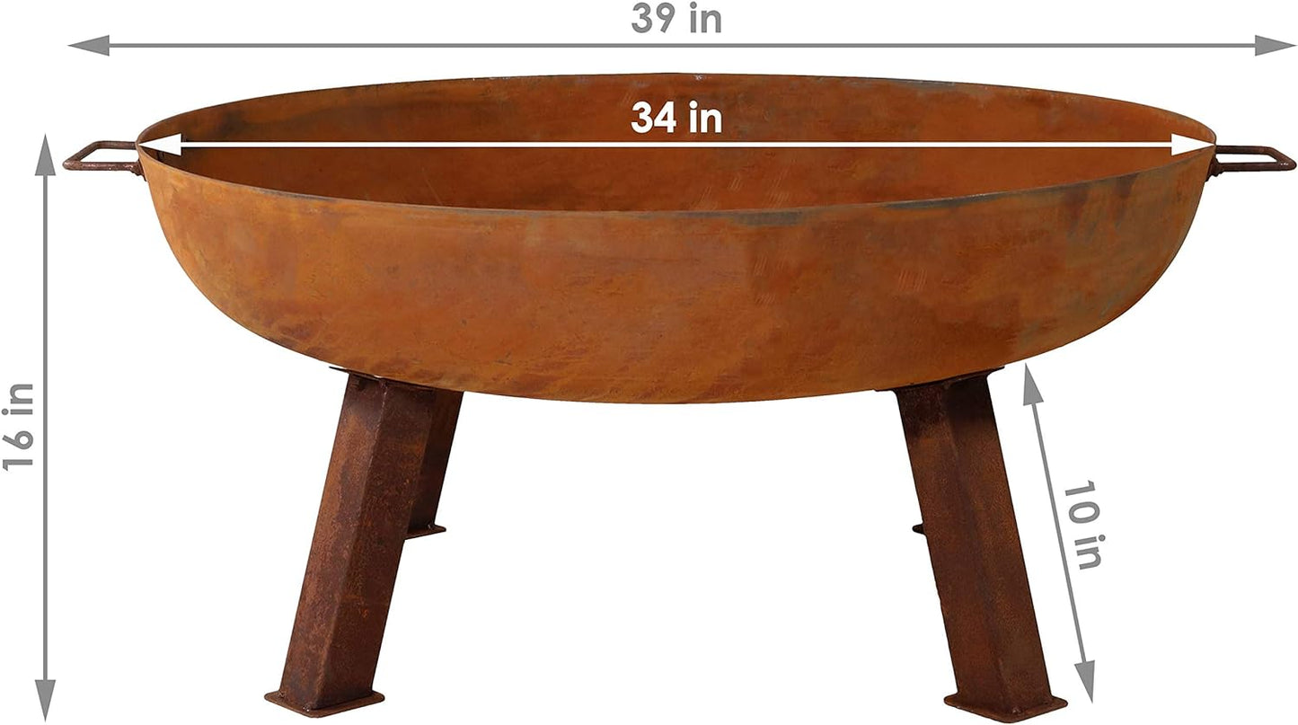 34-Inch Rustic Cast Iron Outdoor Raised Fire Pit Bowl with Handles - Oxidized Finish