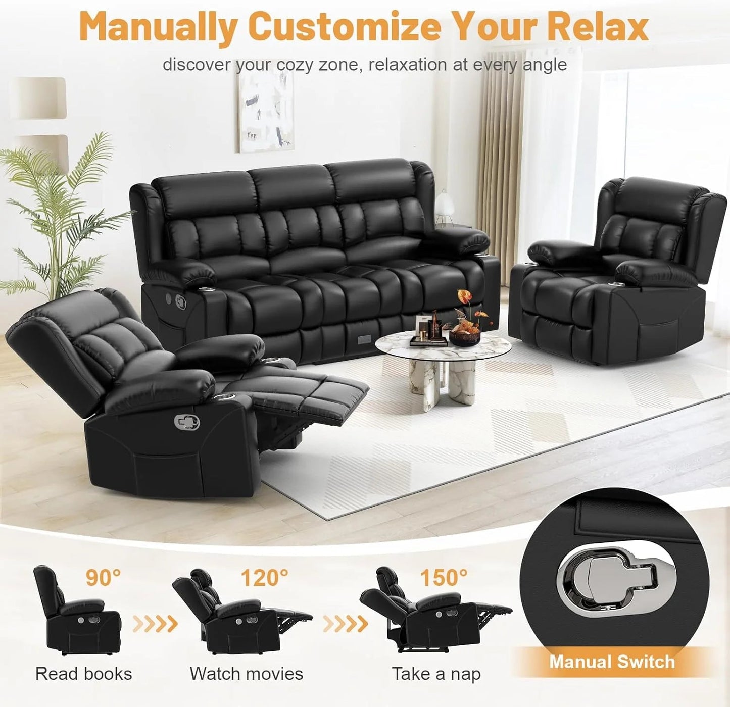 3 Seat Reclining Sofa with Storage Drawer USB Ports & Cup Holders Manual Couch