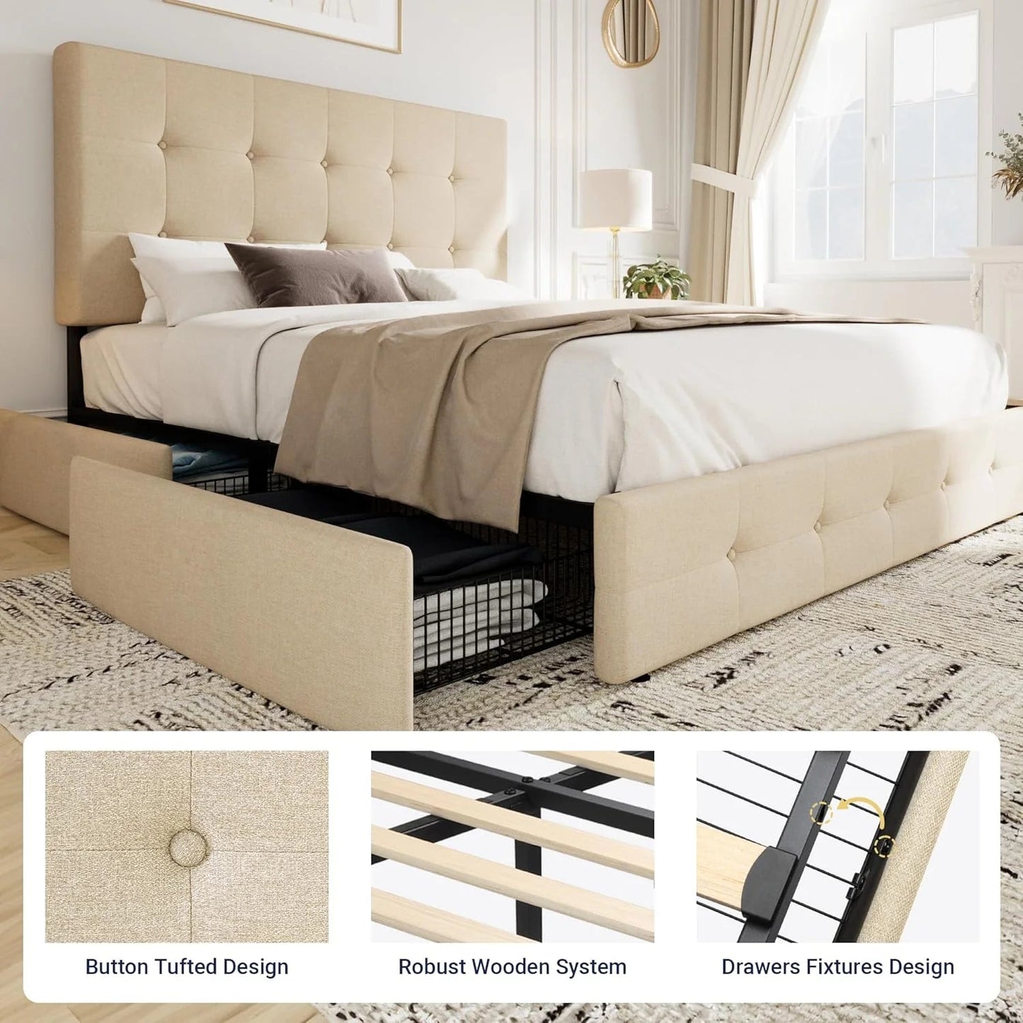 Allewie Upholstered Queen Size Platform Bed Frame with 4 Storage Drawers and Headboard, Square Stitched Button Tufted, Mattress Foundation with Wooden Slats Support, No Box Spring Needed, Light Grey
