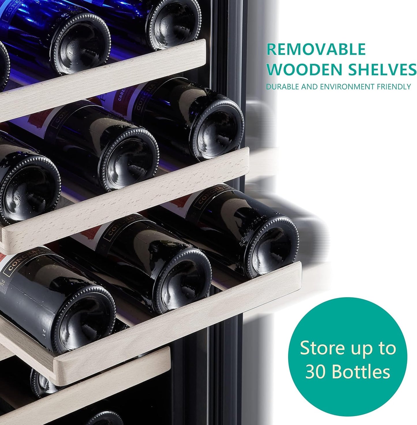 24 inch Wine Cooler, 46 Bottle - Dual Zone Built-in or Freestanding Fridge with Stainless Steel Reversible Glass Door, for Home, Kitchen, or Office.