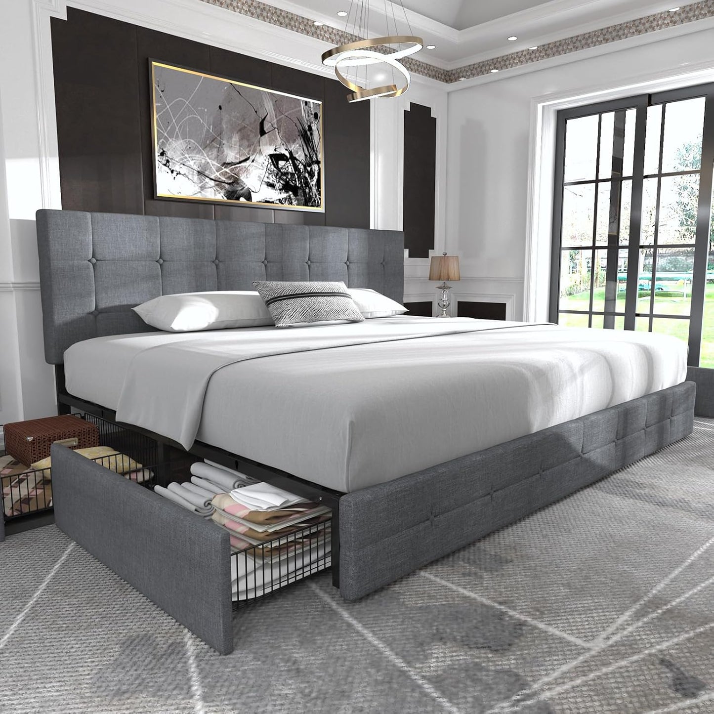Allewie Upholstered Queen Size Platform Bed Frame with 4 Storage Drawers and Headboard, Square Stitched Button Tufted, Mattress Foundation with Wooden Slats Support, No Box Spring Needed, Light Grey